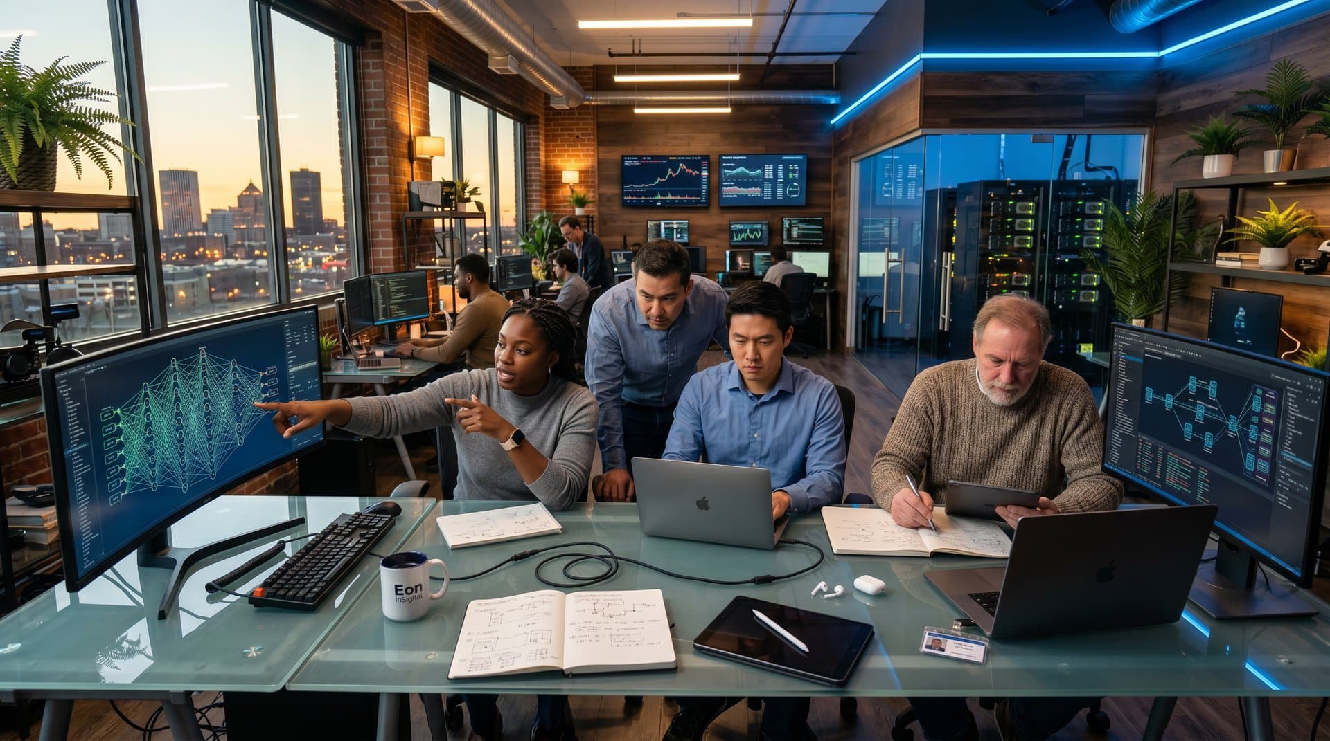 Engineers collaborate on AI and blockchain screens in a modern Upstate NY tech office overlooking Rochester skyline