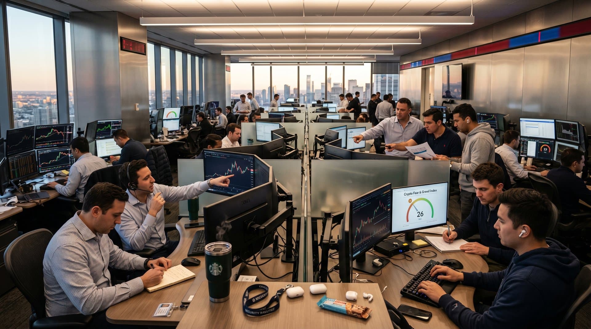 Fintech traders analyze Robinhood Q1 2026 earnings, crypto prices, and Fear & Greed Index on multi-monitor trading desks