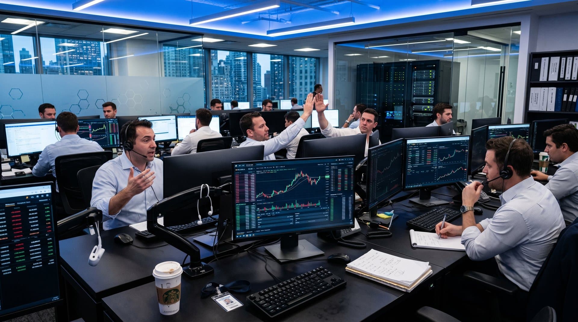 Wall Street traders monitor BTC at $77K charts on multi-screens with Fear & Greed at 26 amid NYC skyline
