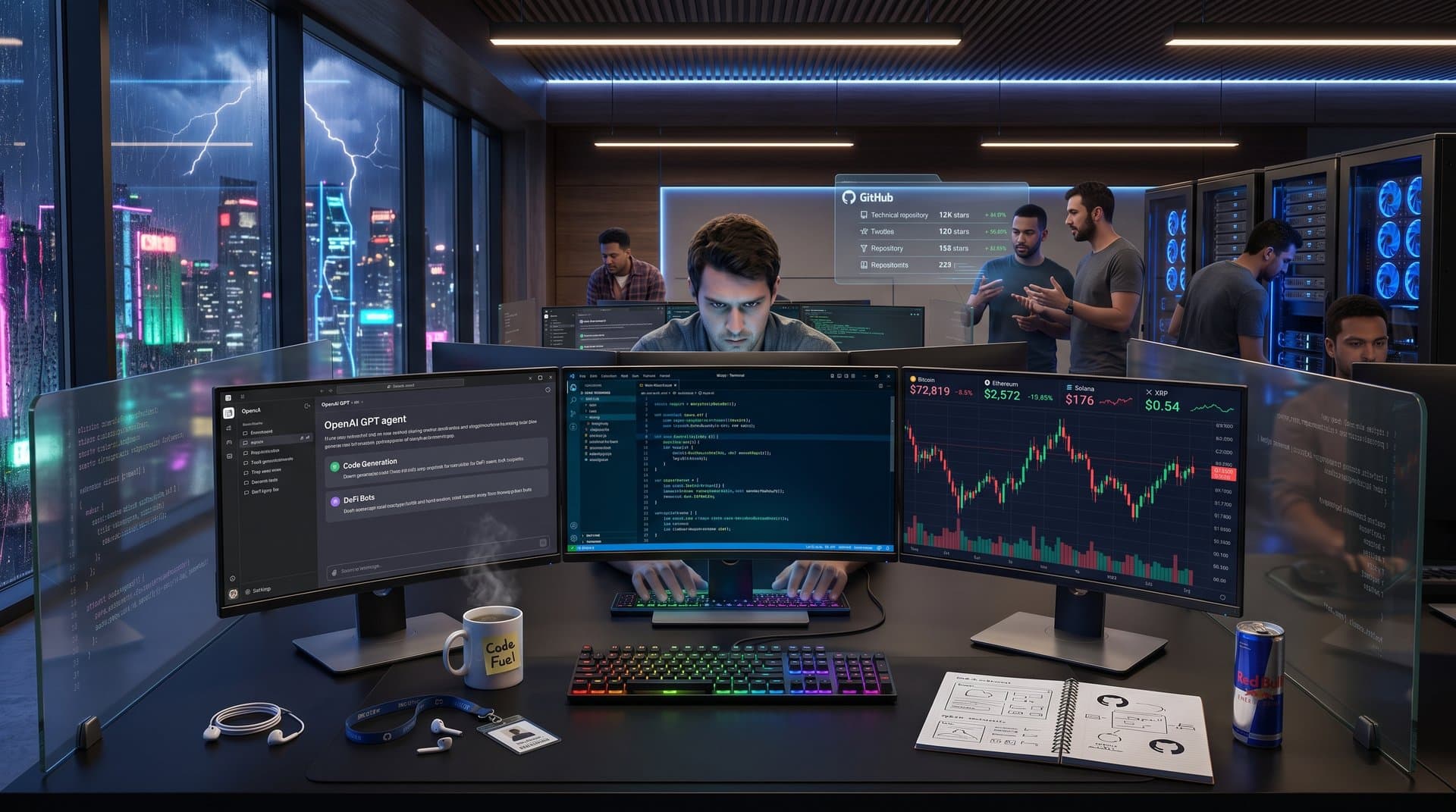 Futuristic developer workspace showcasing Warp Terminal, OpenAI AI interfaces, and live crypto charts including BTC at $72,819