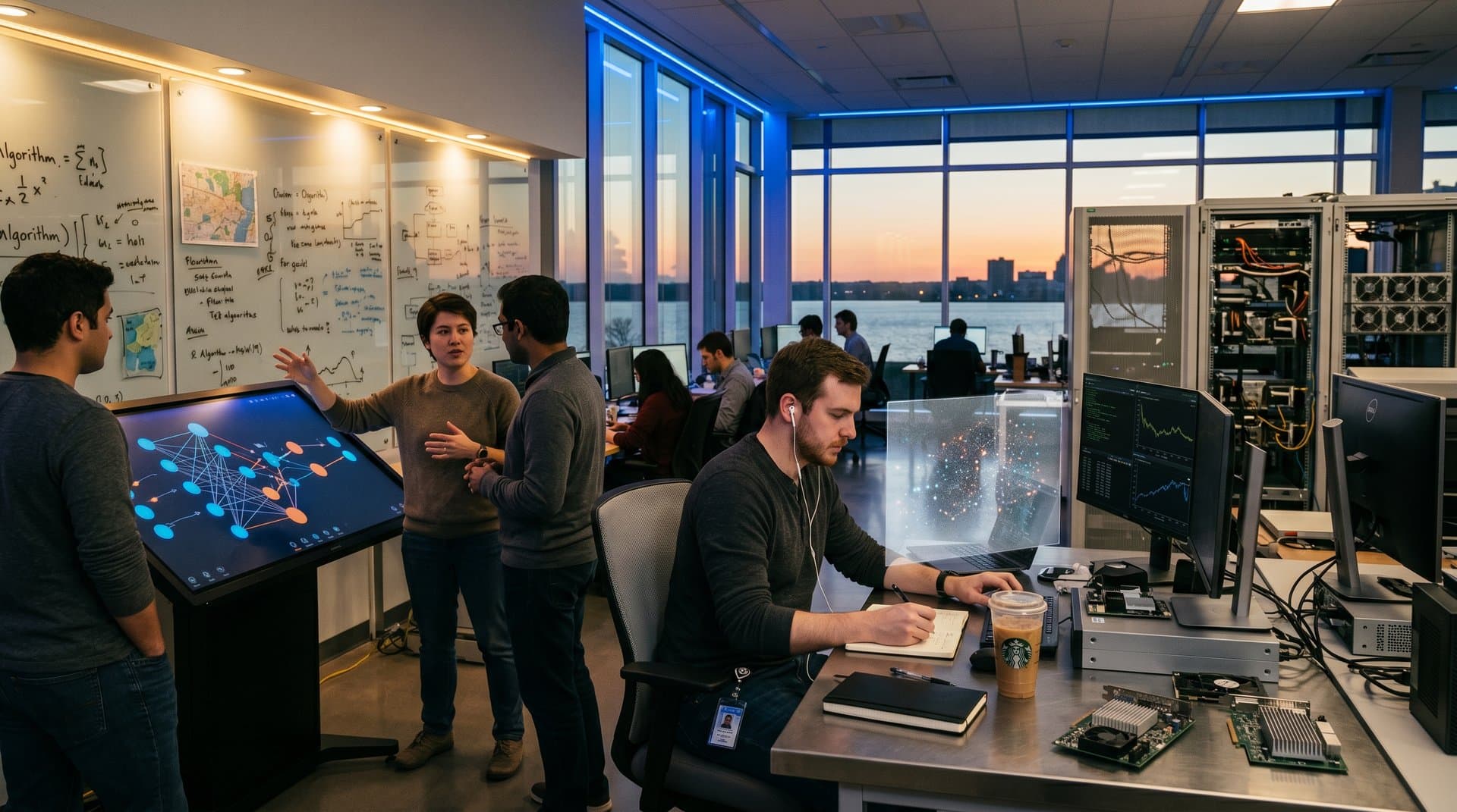 AI lab in Rochester with neural networks, blockchain to machine learning transition, Lake Ontario skyline, high-tech servers and displays