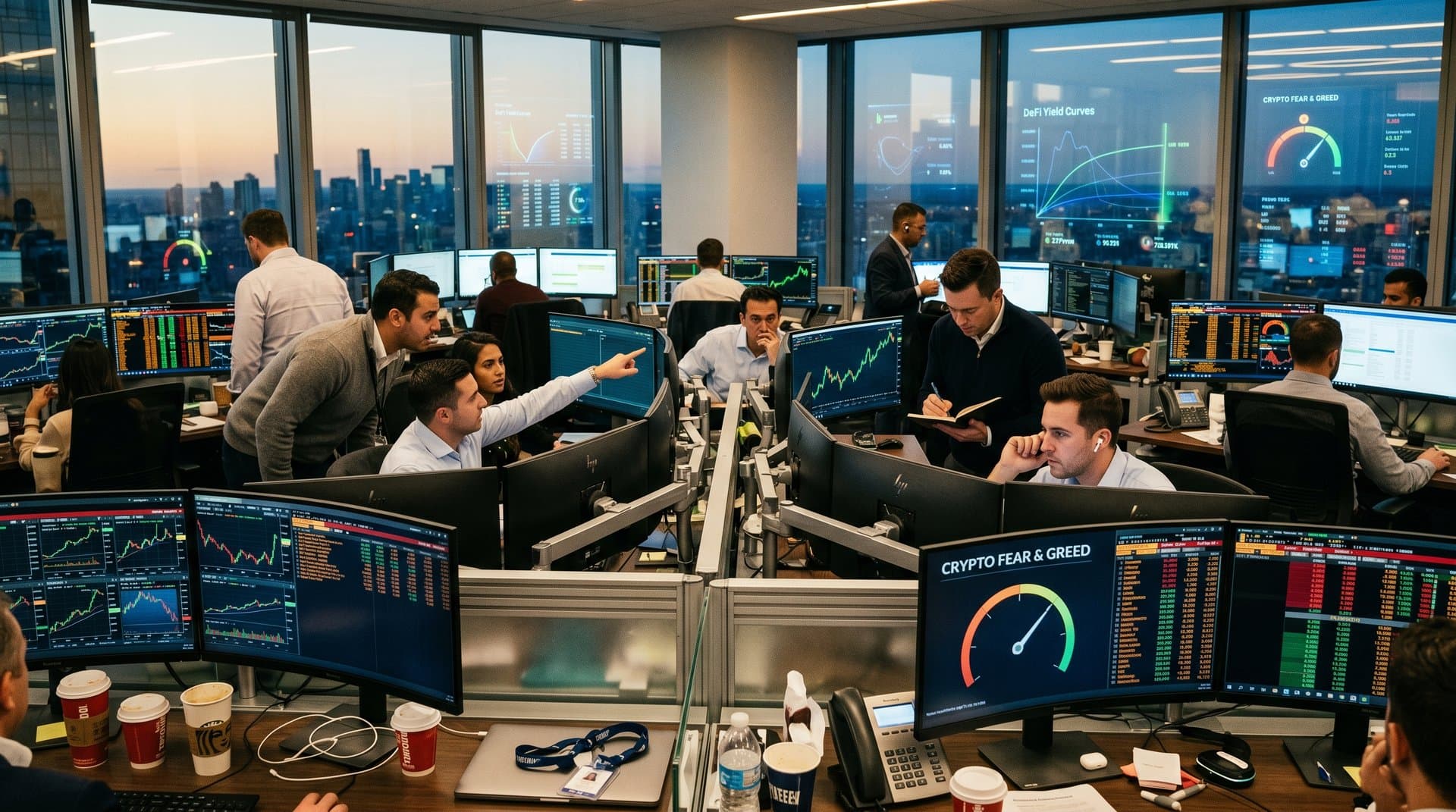 Trading floor screens show BTC at $77K, crypto charts, and Fear & Greed Index at 26
