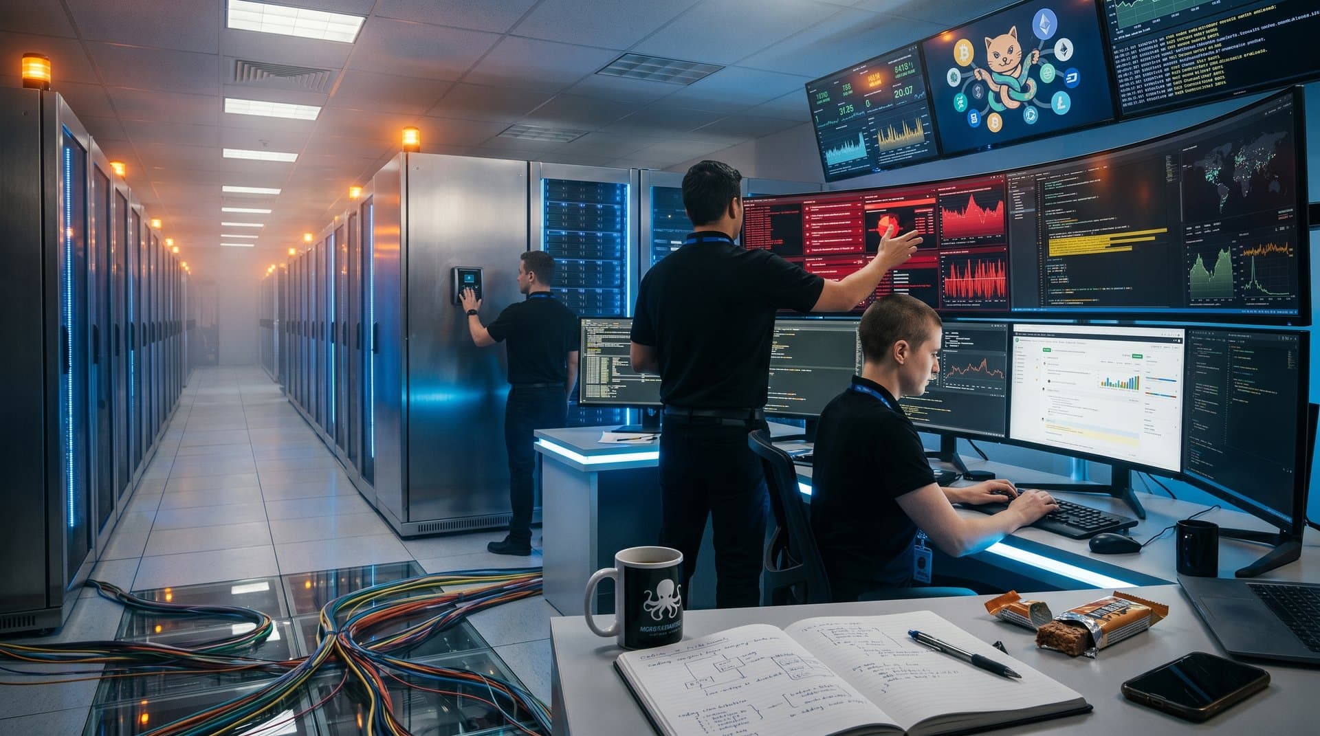 High-tech data center servers and monitors displaying GitHub RCE alerts, crypto charts, and secure code scans