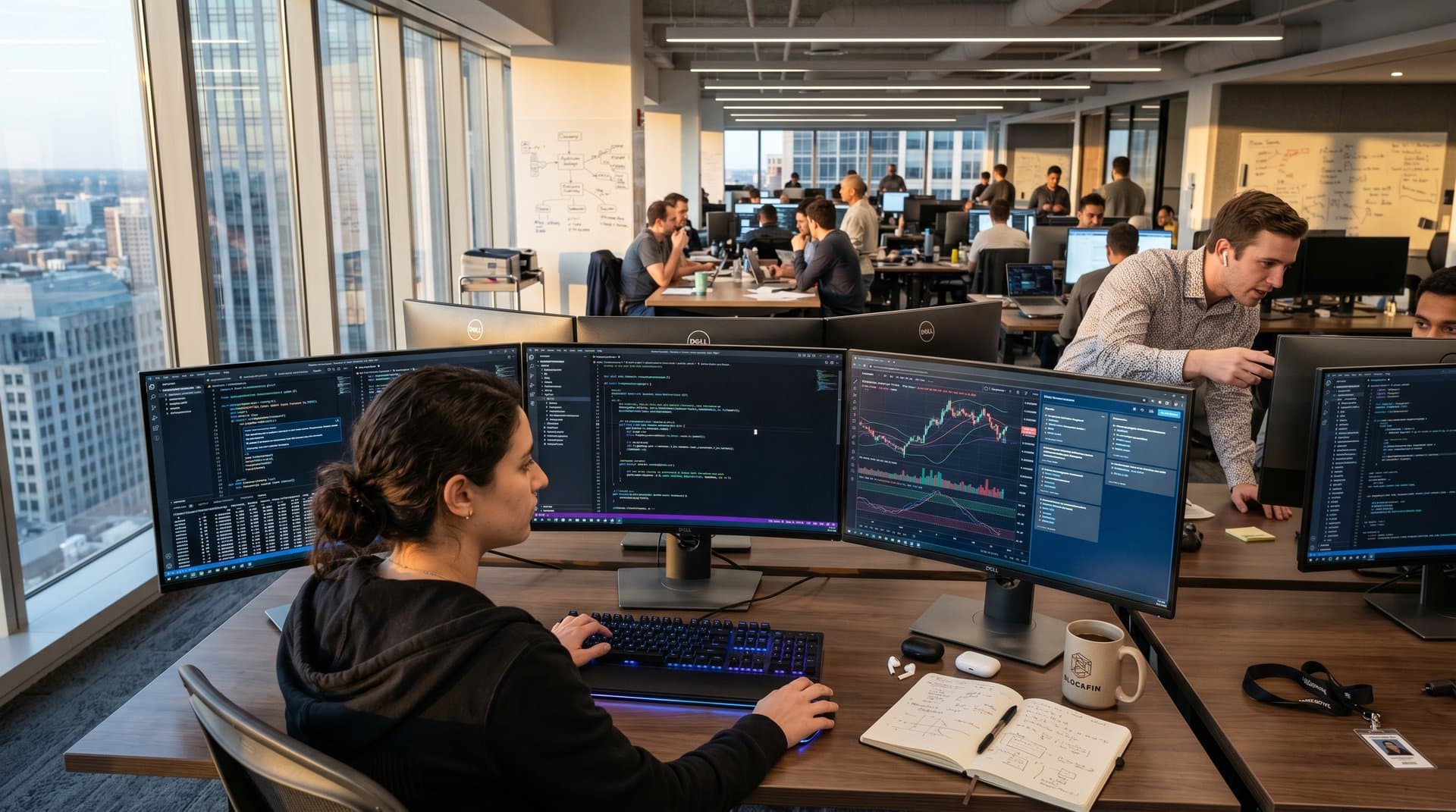 Developer workspace with monitors running Zed 1.0 code editor, GPU rendering, multiplayer cursors, modern tech office setup