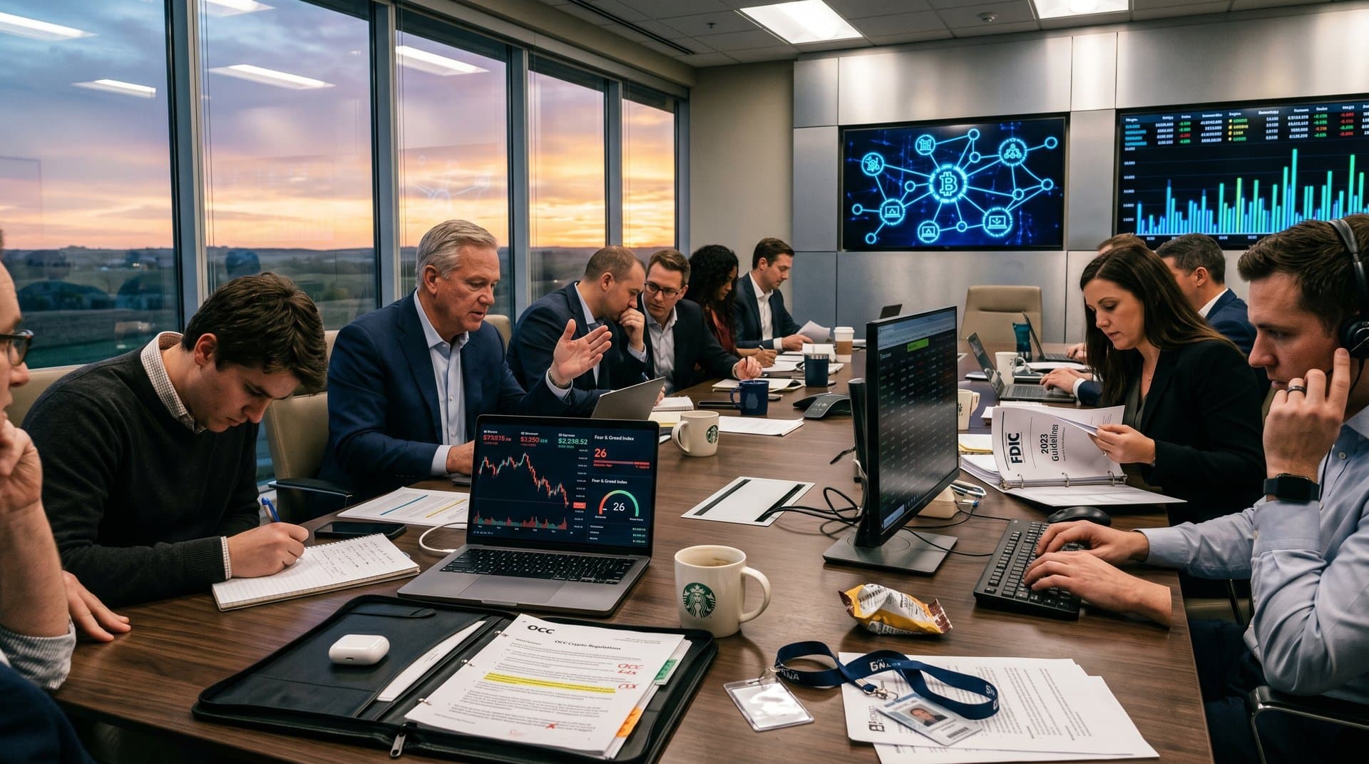 Rustic small-town bank boardroom with crypto charts on laptops, prairie view, and market data screens