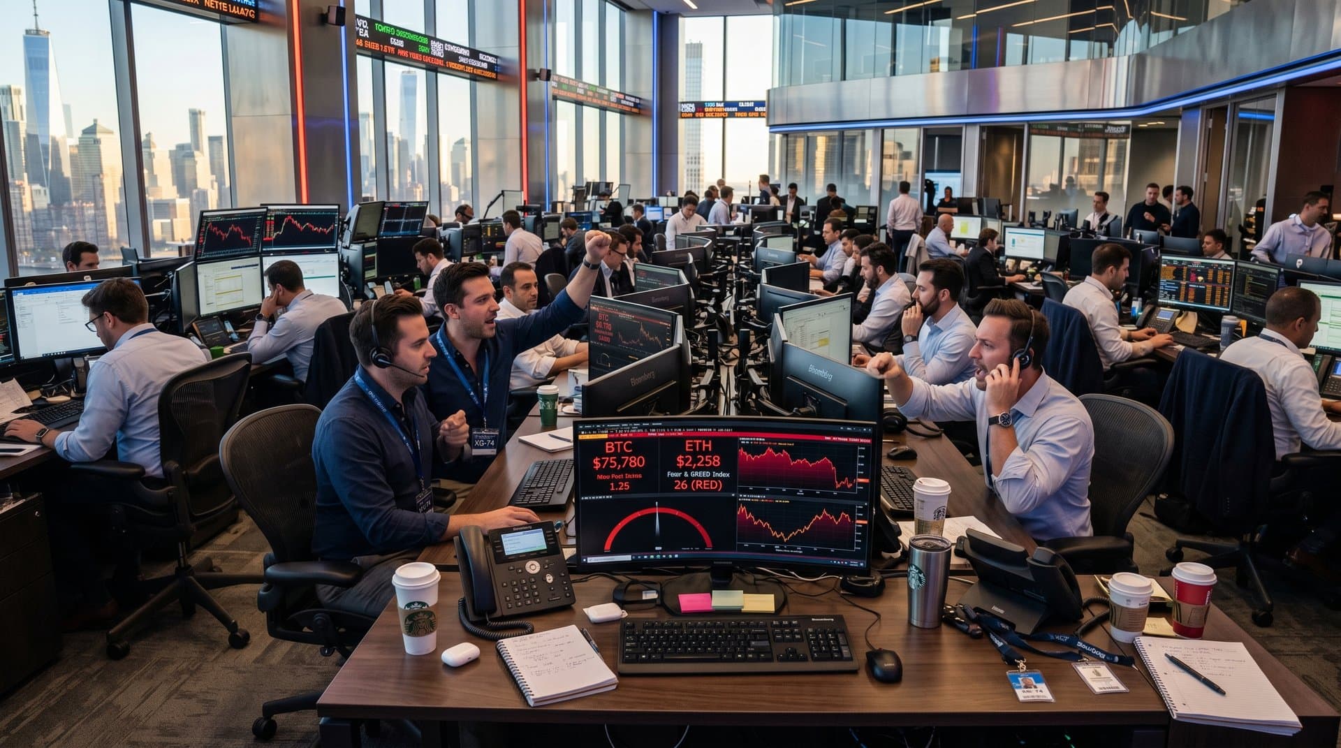 Trading floor terminals show BTC at $75k, Fear Index at 26, crypto charts amid market caution