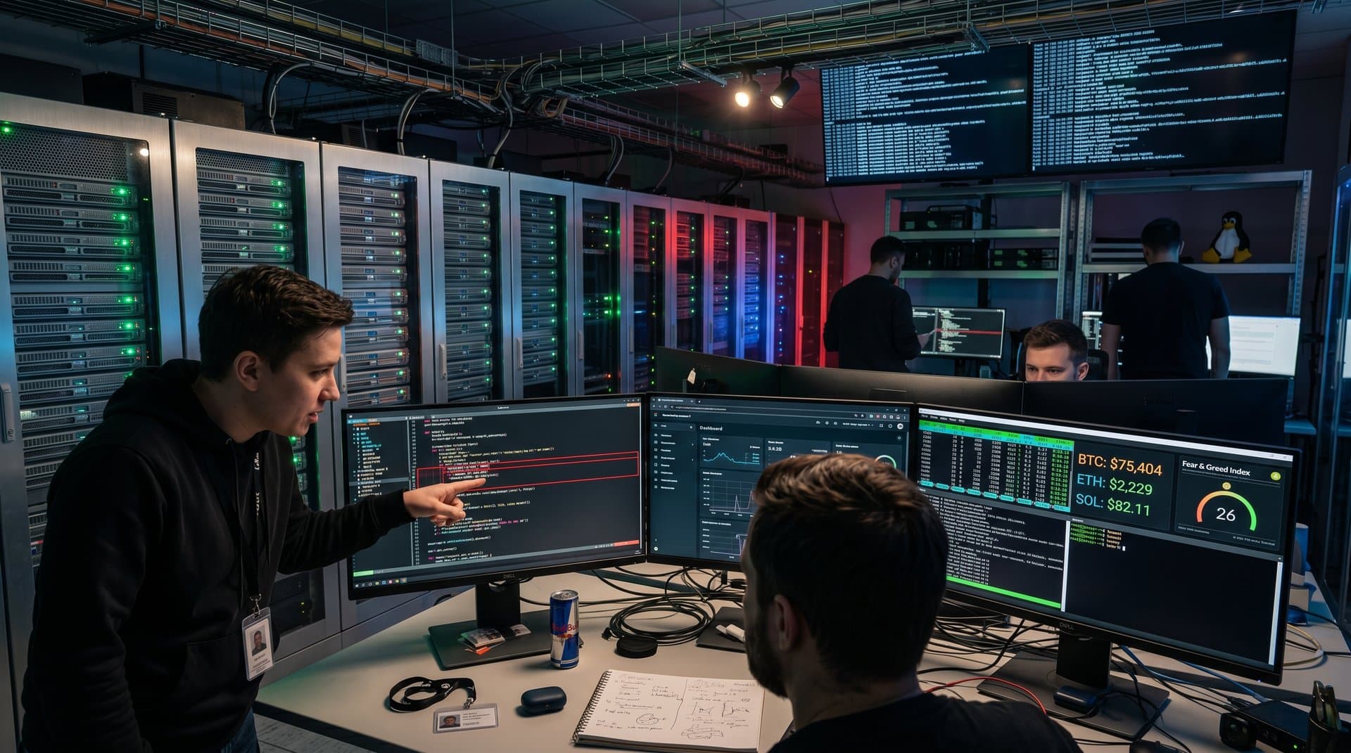 Engineers at workstation in secure data center amid server racks, monitors showing code, cables, and LED lights under natural window glow