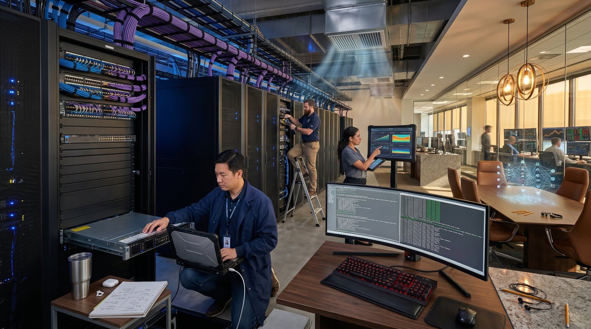 Engineers troubleshoot open servers in Tier IV data center amid racks, monitors with kernel logs, Bloomberg terminals showing crypto charts