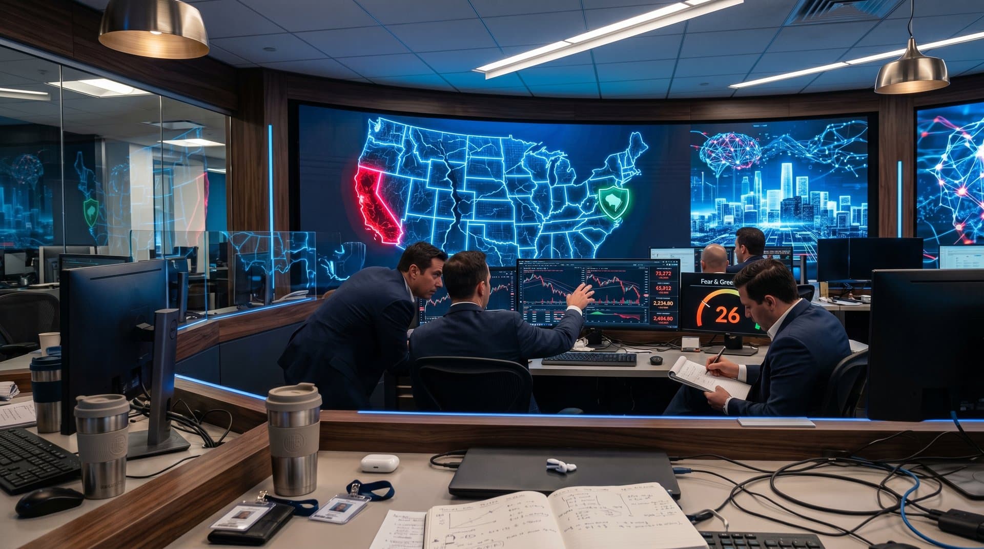 Digital map of U.S. states with clashing AI regulation circuits, crypto charts, and Fear & Greed at 26