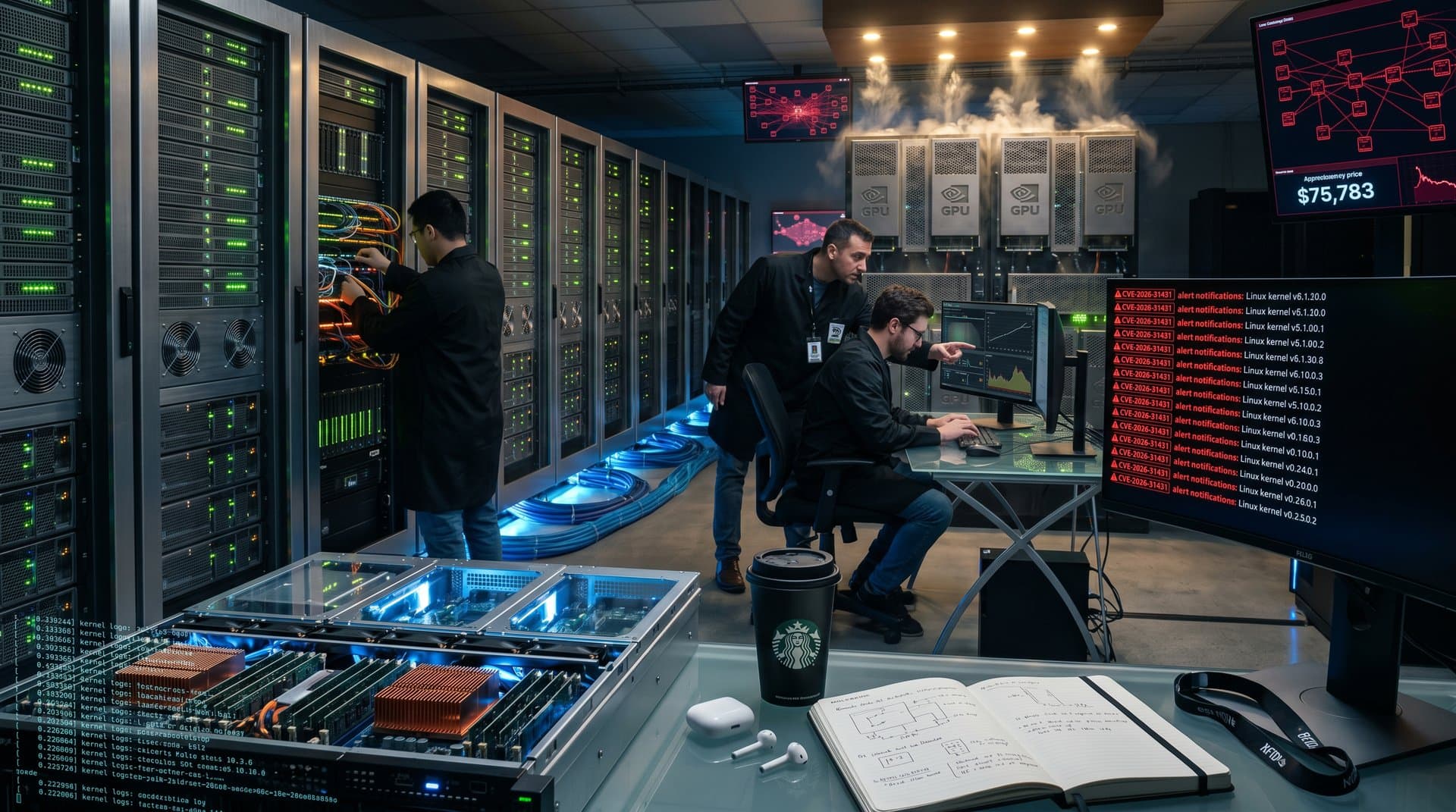 Server racks and glowing monitors displaying kernel patches in a high-security data center