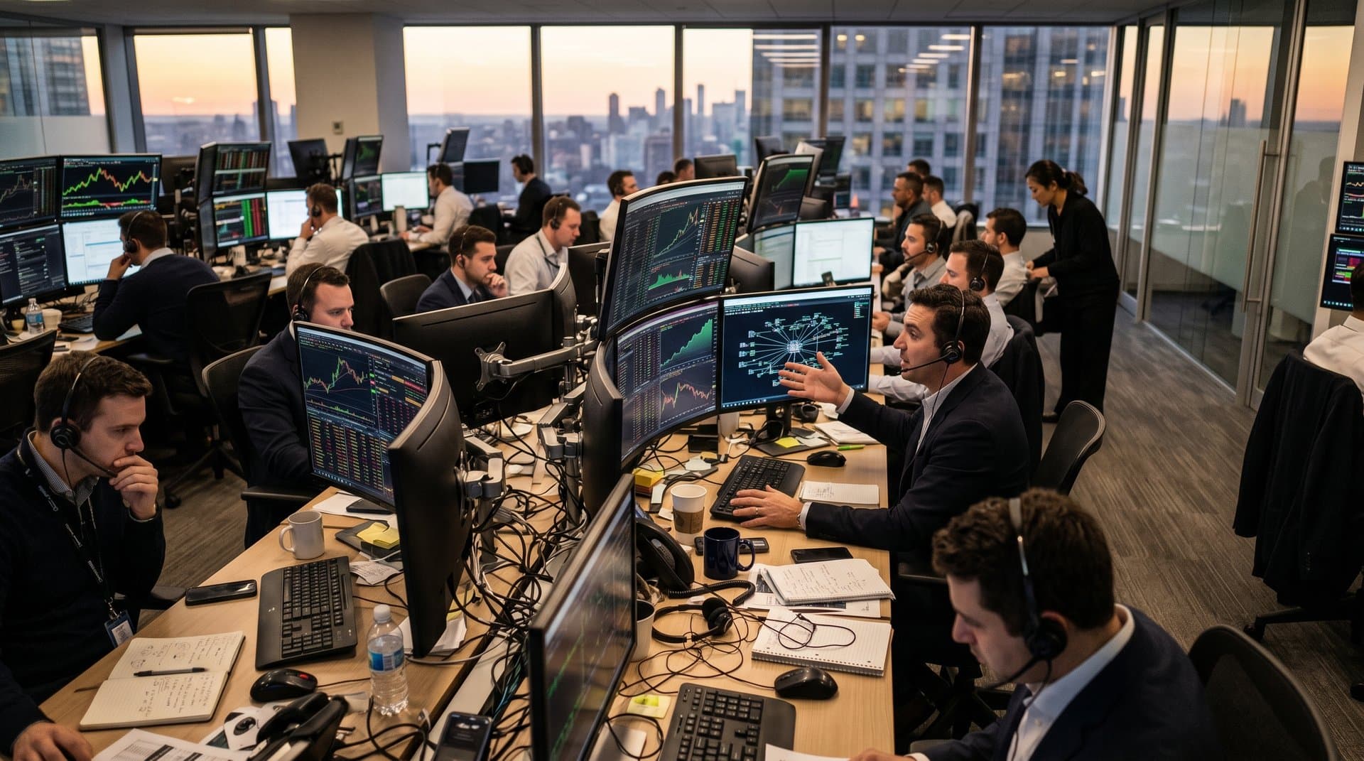 Traders at Bloomberg terminals on Goldman Sachs floor analyze AI regulation news amid crypto charts and Fear & Greed Index displays