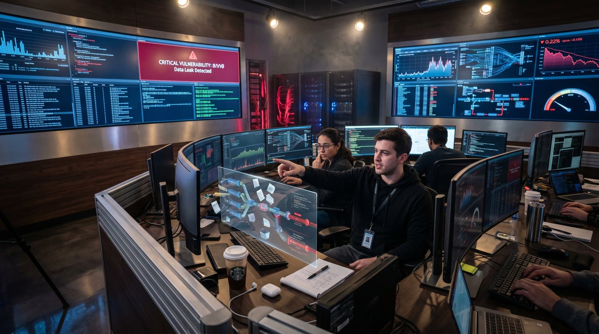 Data center servers and cybersecurity dashboards highlighting Ramp Sheets AI network vulnerabilities and Bitcoin price drop