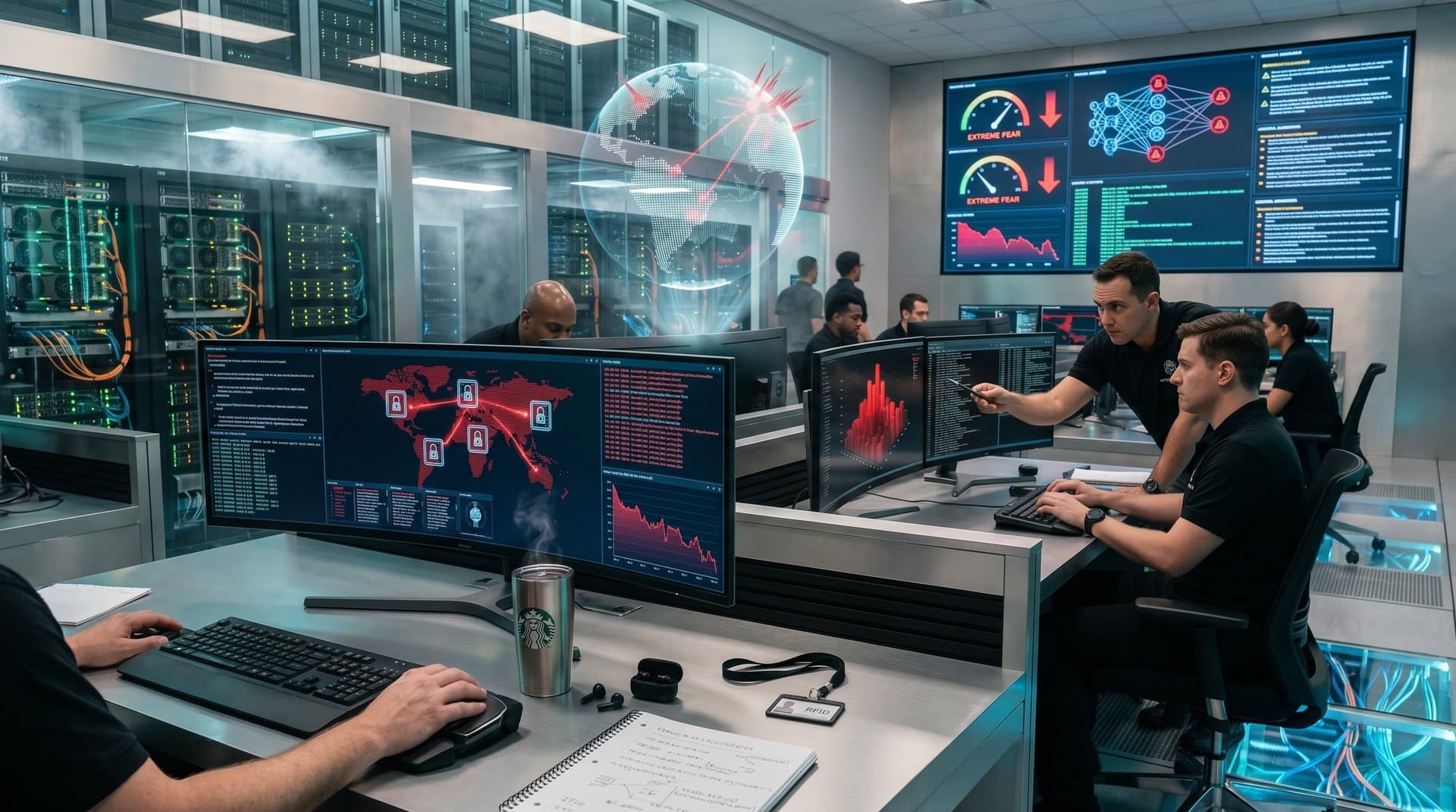 High-tech SOC with threat maps, AI detectors, and server racks monitoring cyber attacks on finance