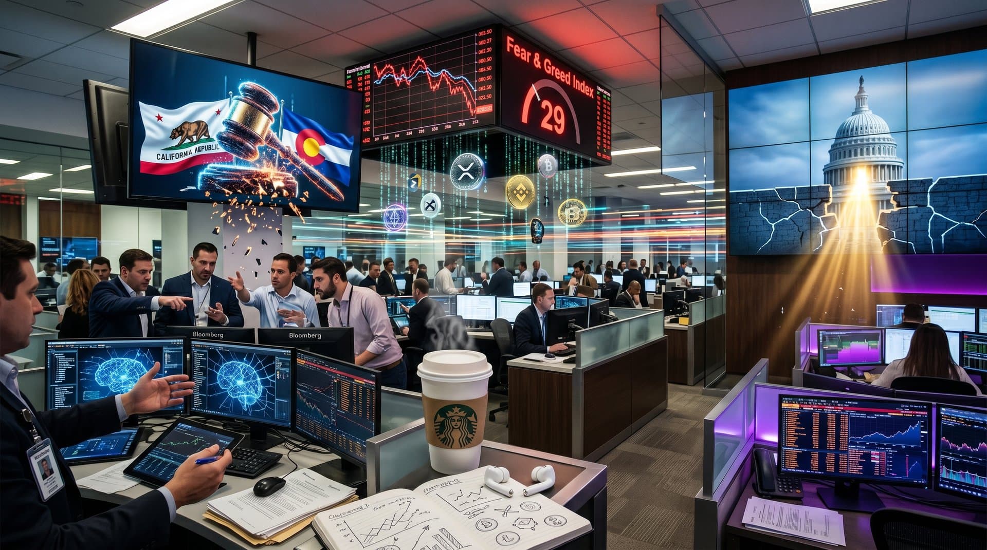 Split scene of state gavel on AI networks versus federal Capitol overriding barriers with crypto charts and Fear Index at 29