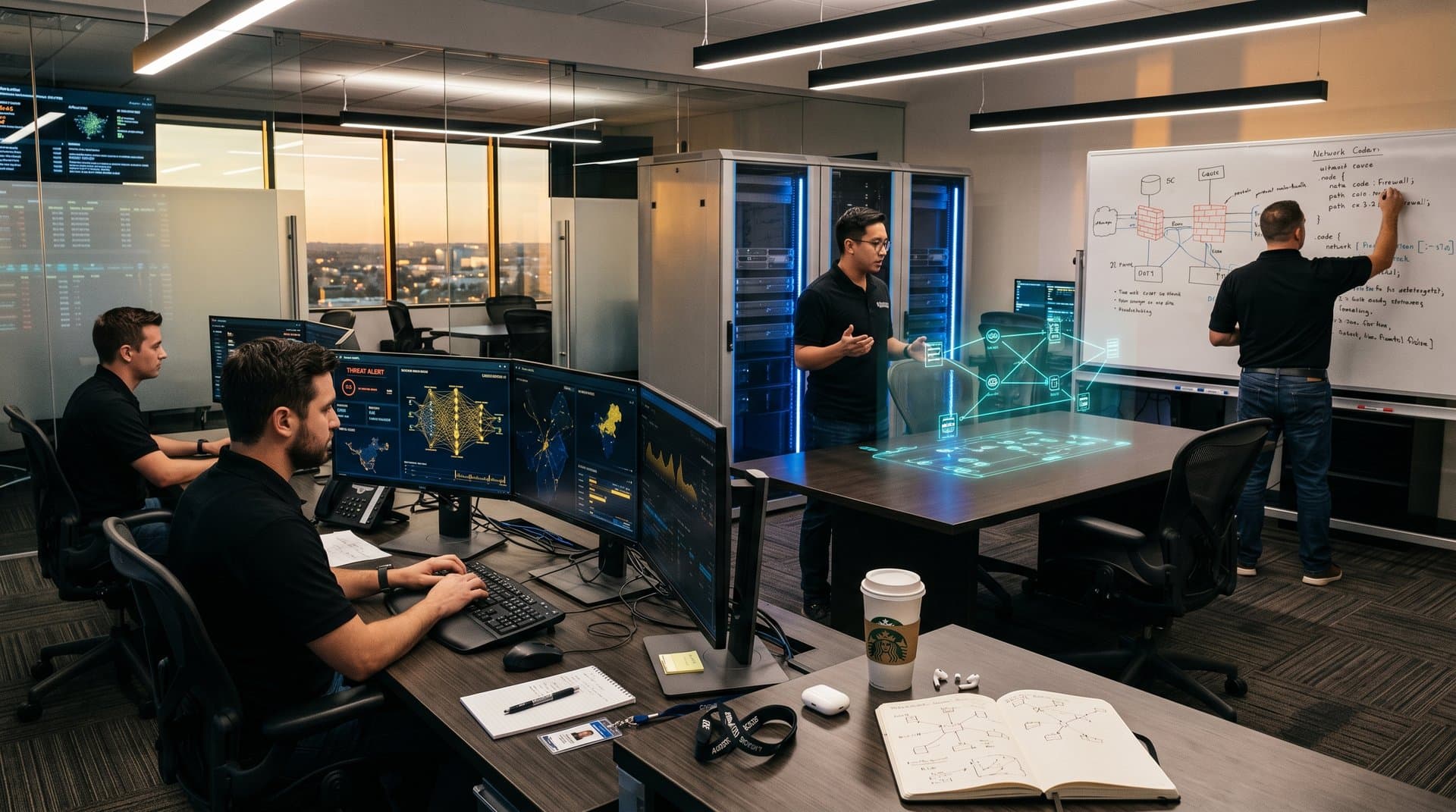 Cybersecurity ops center with AI threat simulations on multi-screen displays amid server racks and holographic projections