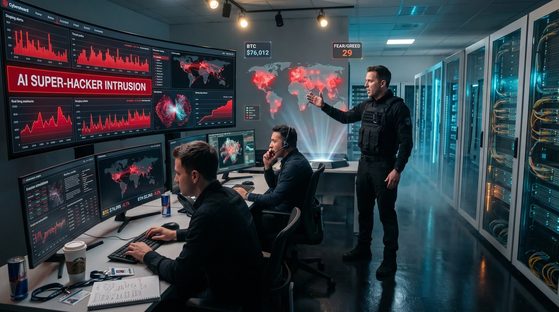 High-security data center with AI threat maps and server racks monitoring cybersecurity amid crypto dips