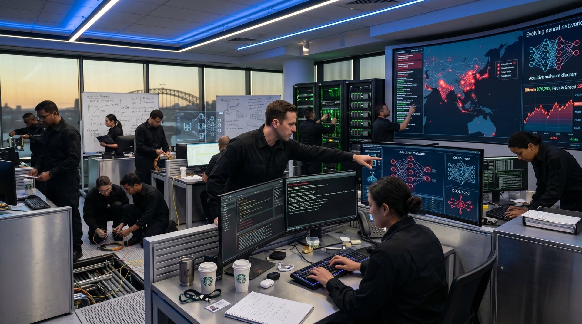 Sydney data center cybersecurity team monitors frontier AI cyber attacks on video walls with global threat maps, server racks, and crypto charts