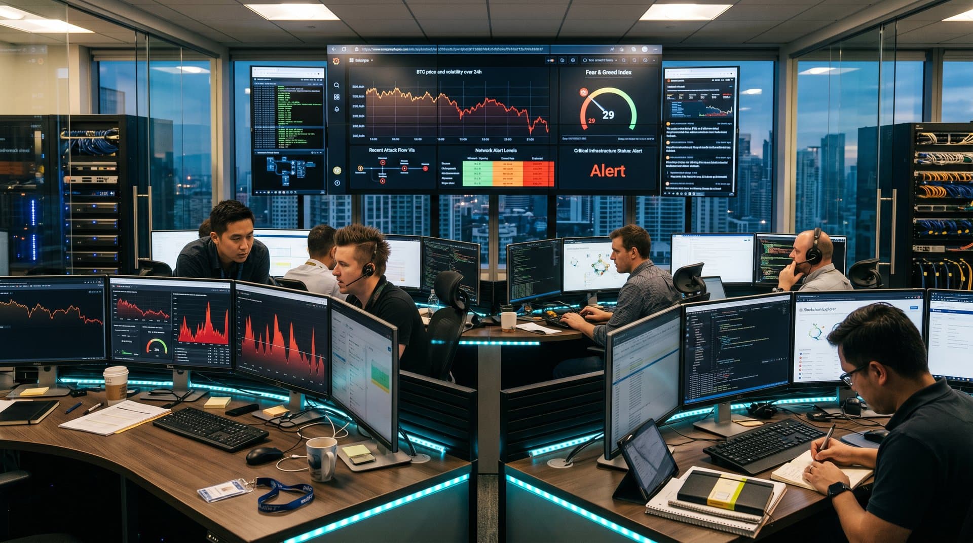 Cybersecurity analysts monitor cryptocurrency scam threats and market data in a high-tech operations center.