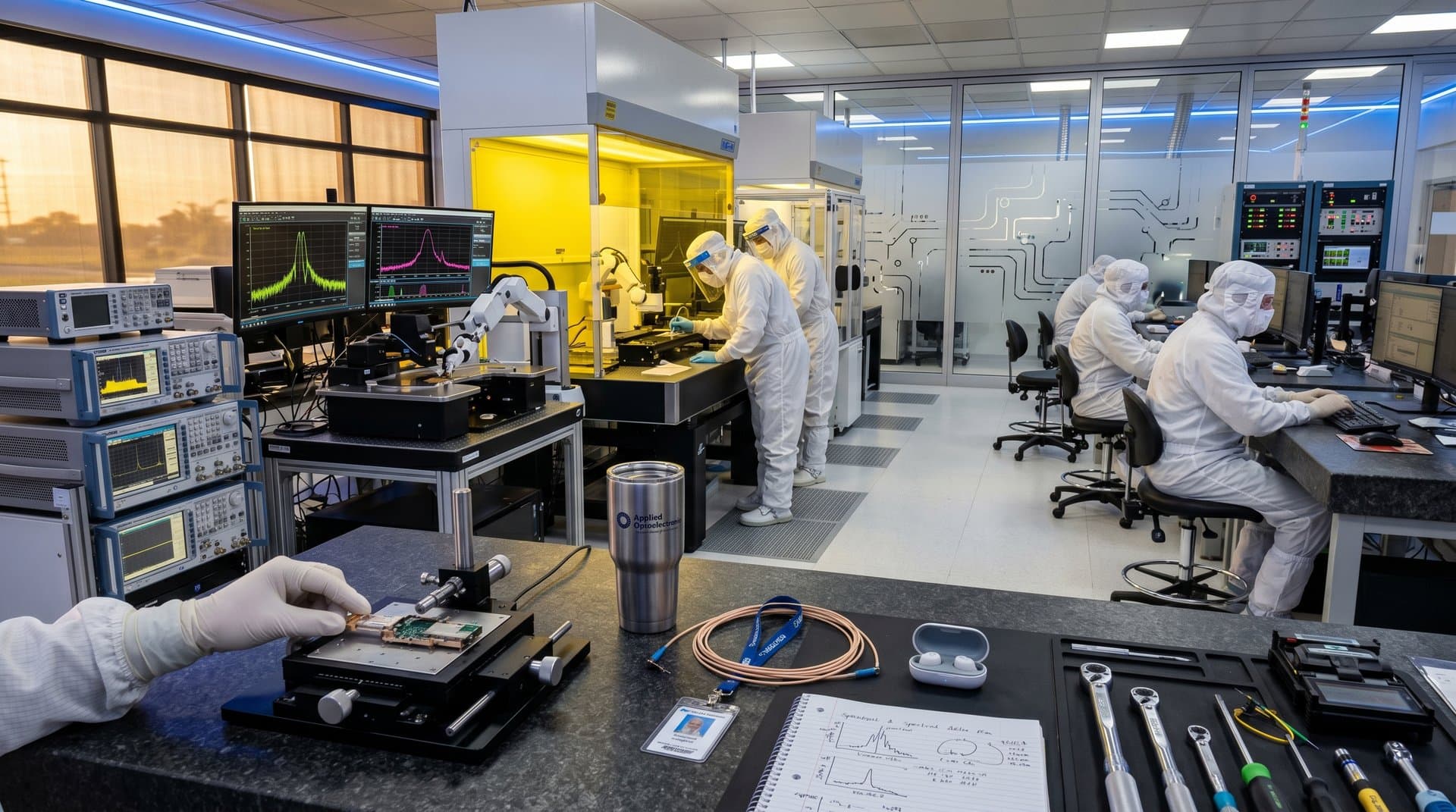 Technicians in cleanroom suits assemble fiber optic transceivers on production line amid testing equipment and control monitors in high-tech facility