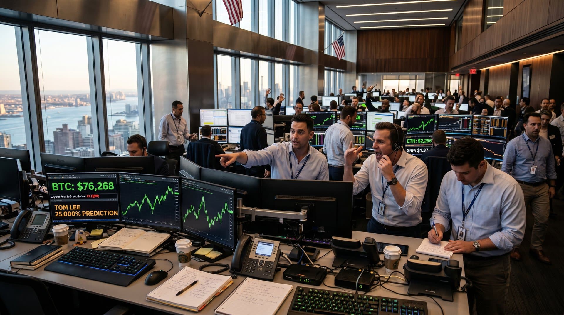 Wall Street trading floor with Bloomberg terminals displaying BTC at $76k, Fear & Greed at 29, crypto charts, coffee mugs, and skyline view