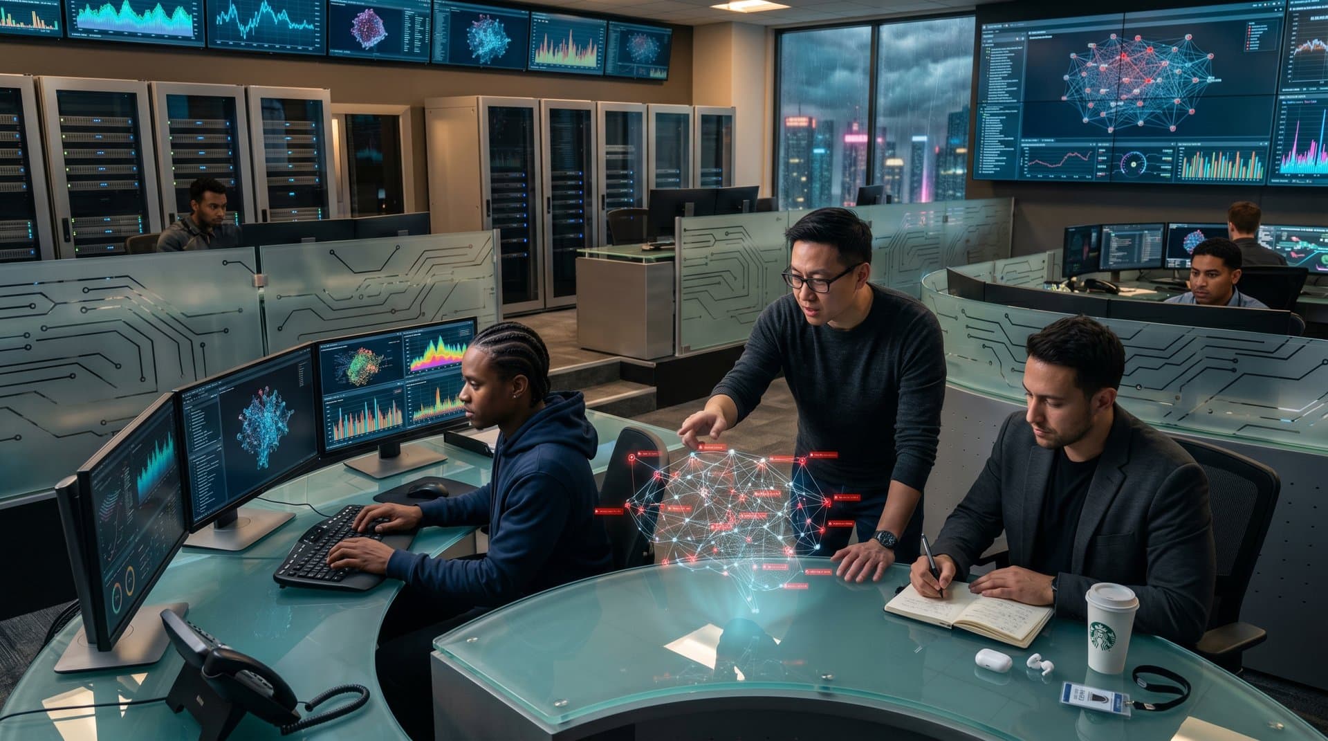 Holographic cybersecurity displays showing AI threats and crypto market data in high-tech command center