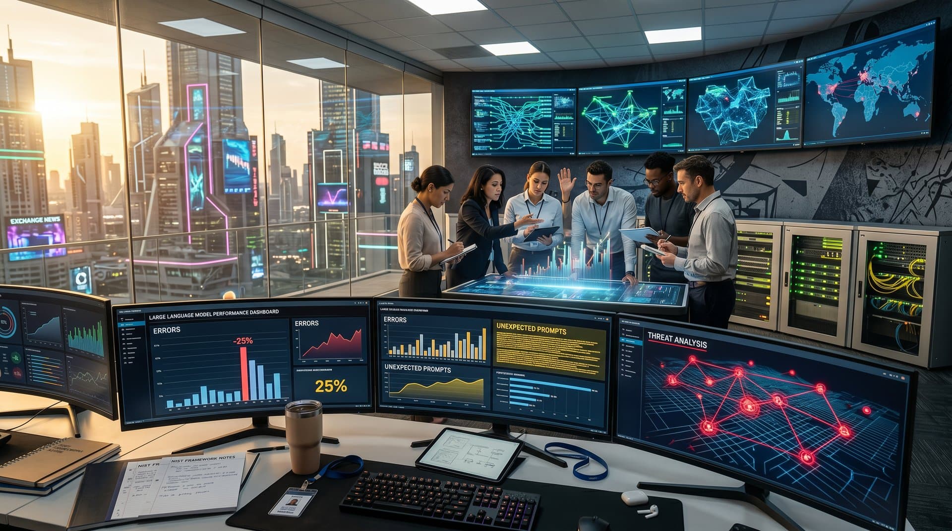 Cybersecurity team analyzes AI chatbot reliability dashboards and cyber threat simulations in modern ops center