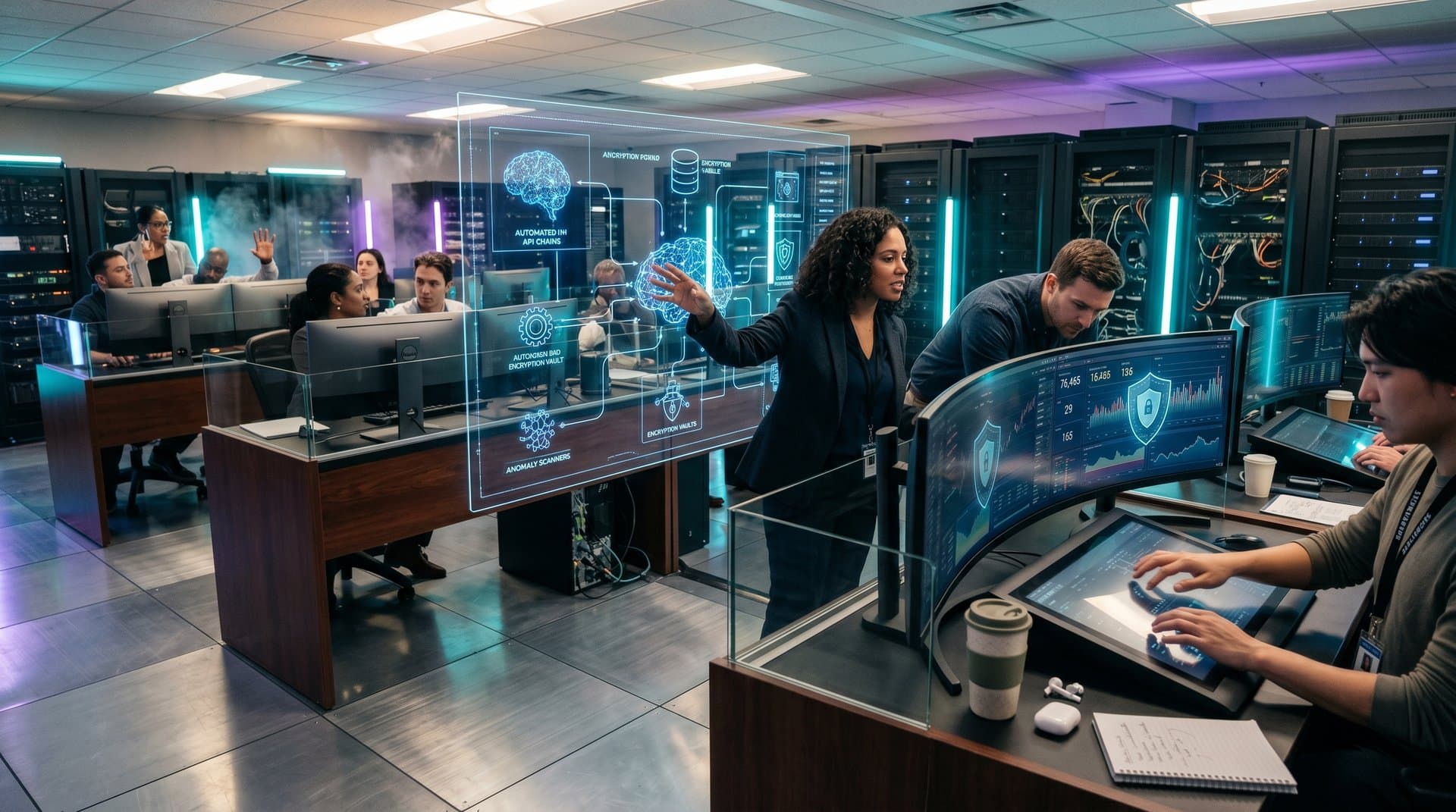 Futuristic holographic displays of agentic AI securing fintech operations amid crypto charts, threat shields, and server racks