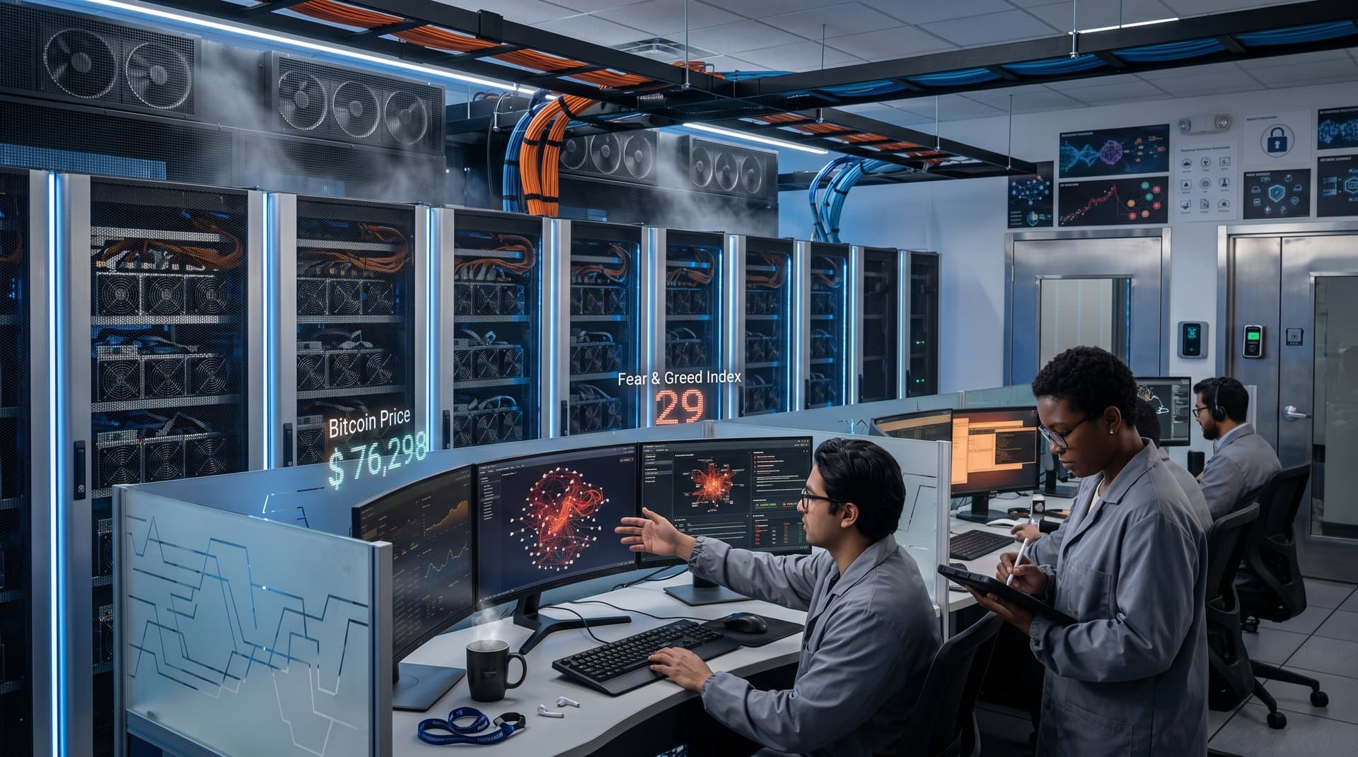 Engineers in secure data center analyze SoCal crypto laundering blockchain graphs on monitors amid server racks