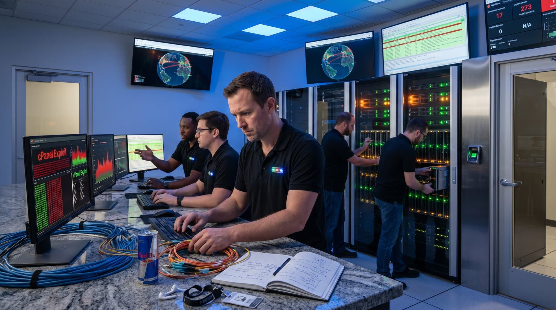 Cybersecurity team in data center monitors cPanel exploit alerts on servers and Wireshark screens amid network cables