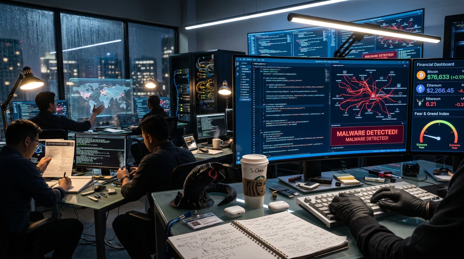 AI developers in cyber lab analyze PyTorch Lightning malware alerts on screens amid crypto charts and sandworm model