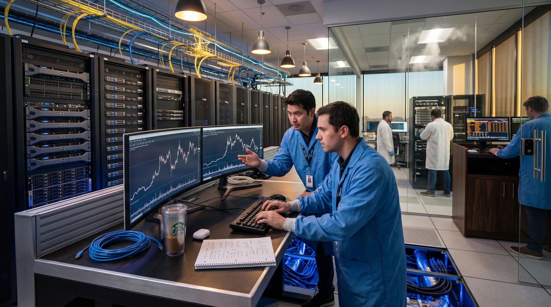 Tier IV data center with server racks, cooling systems, monitors displaying crypto charts, and networking equipment under modern lighting