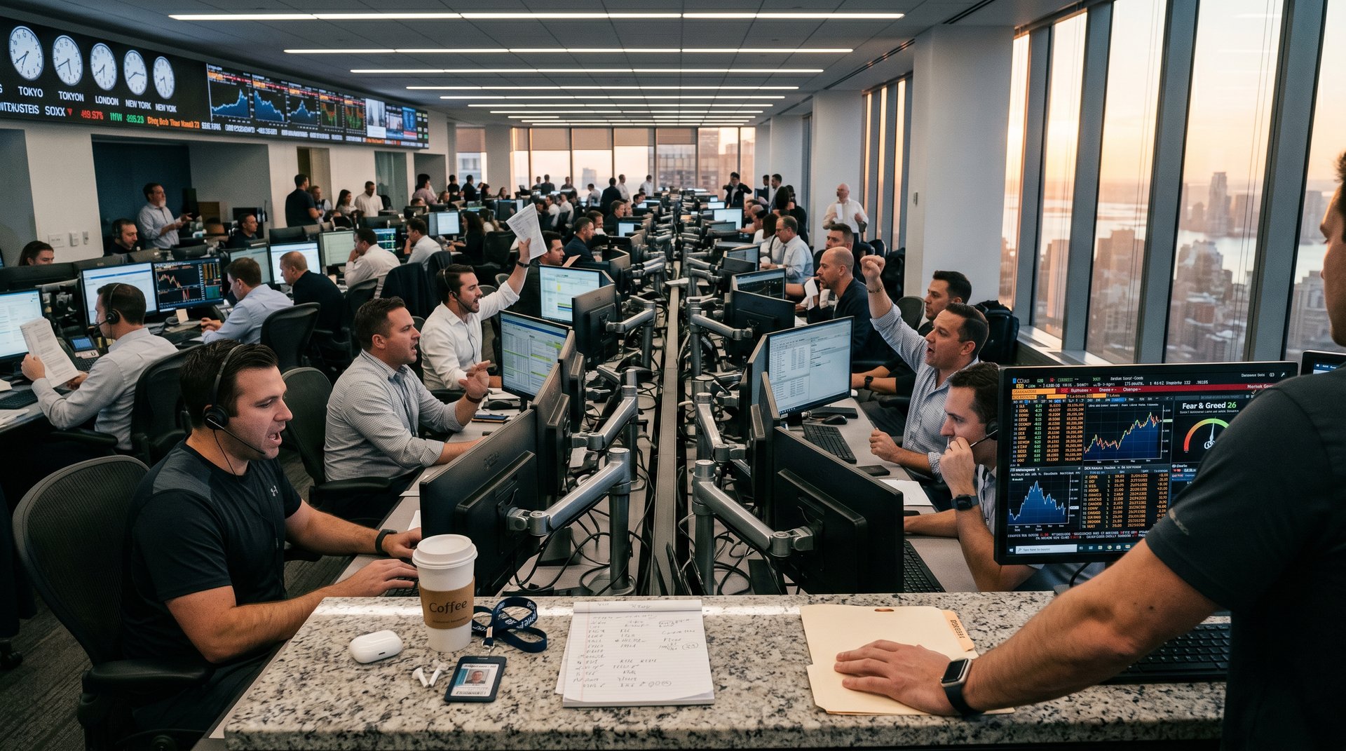 Trading floor with Bloomberg terminals showing SOXX, IYW charts and Fear & Greed Index at 26 amid market activity