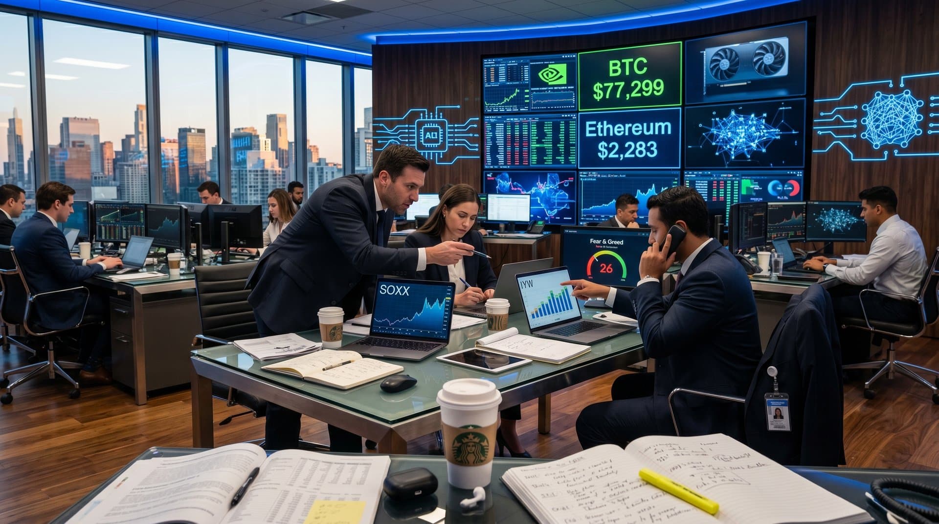 Trading screens show SOXX and IYW iShares Tech ETFs, AI charts, BTC price amid finance floor activity