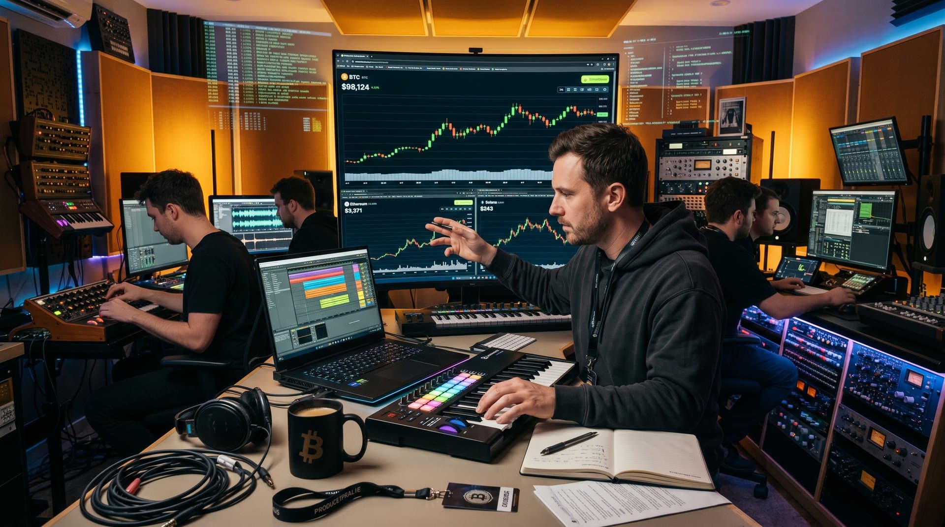 Wireless Bluetooth MIDI controller connected to Windows laptop with Ableton Live and crypto charts in modern studio setup