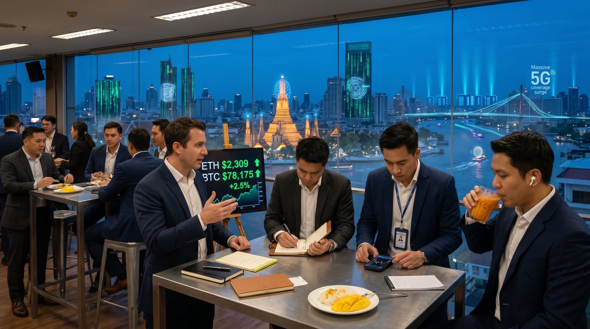 Futuristic Bangkok skyline with AI neural networks, holographic crypto symbols, and glowing data centers representing Thailand AI readiness