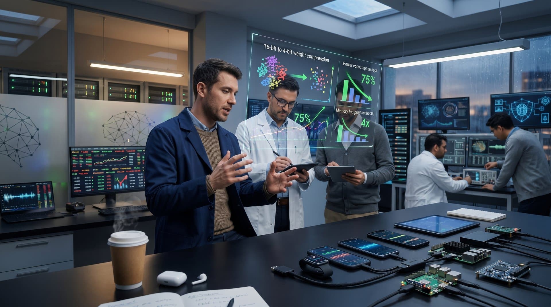 Holographic displays of LLM quantization graphs and crypto prices in futuristic edge AI lab