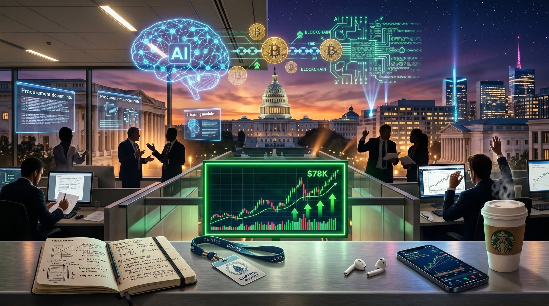U.S. Capitol with holographic AI networks and rising crypto charts symbolizing federal AI bill and BTC surge