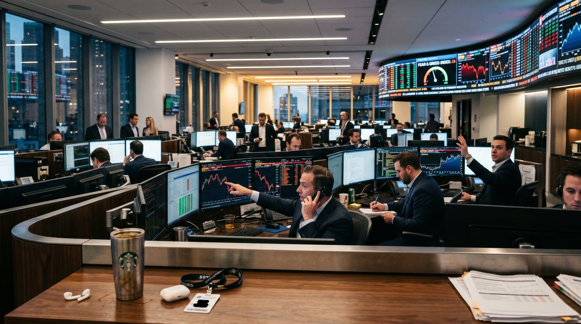 Trading floor screens show XRP at $1.39 charts and Fear & Greed Index at 26 amid market data