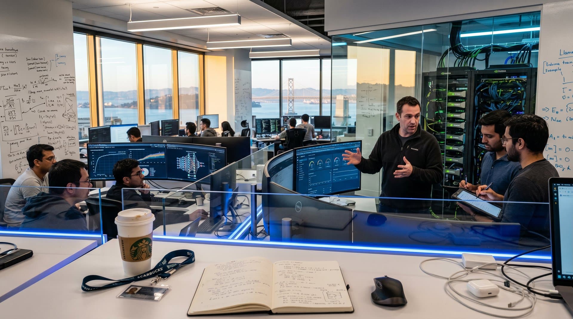 Meta AI lab with desks, monitors showing model graphs, server racks in minimalist high-tech style