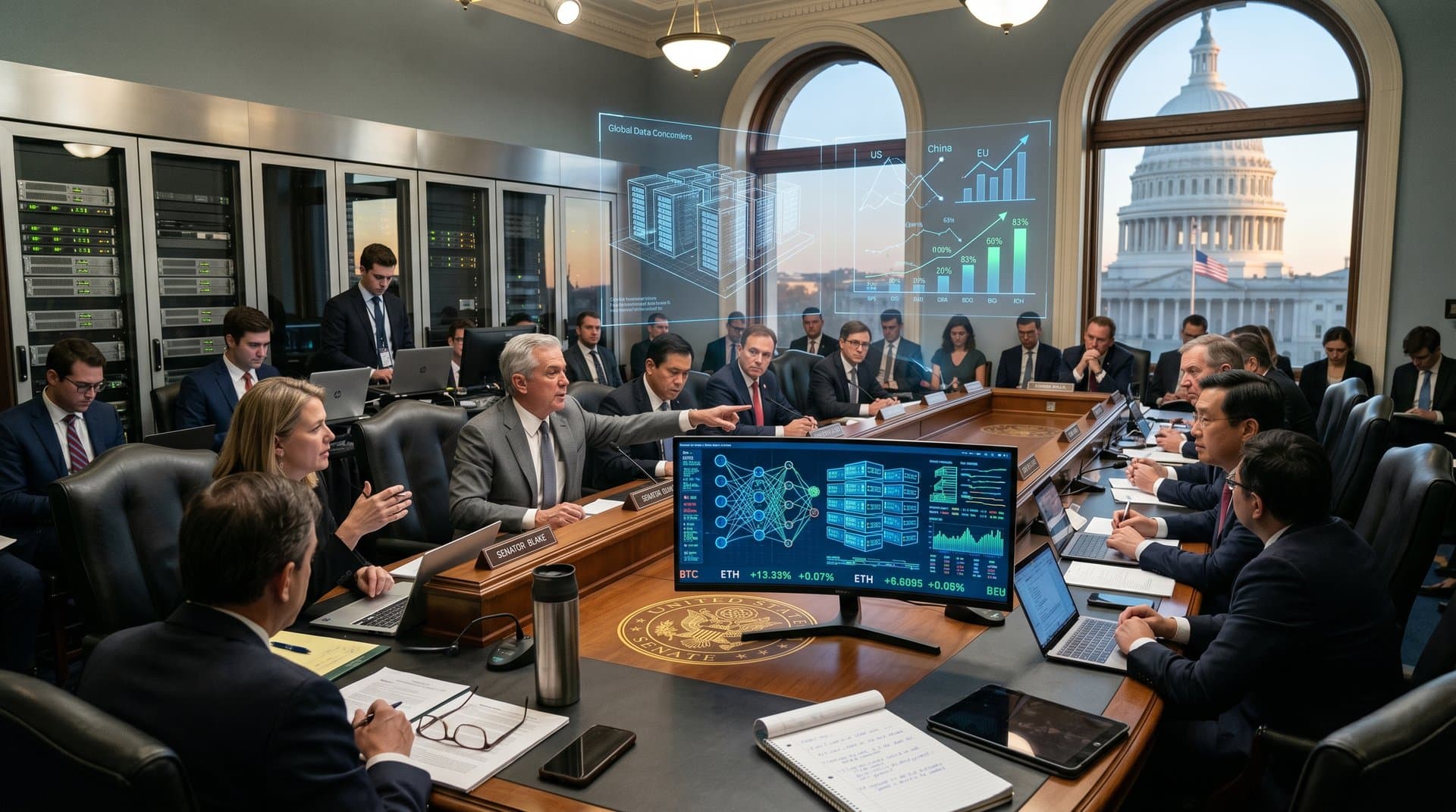 Senators and aides review AI charts on monitors in modern Capitol hearing room with Bloomberg terminals and server racks
