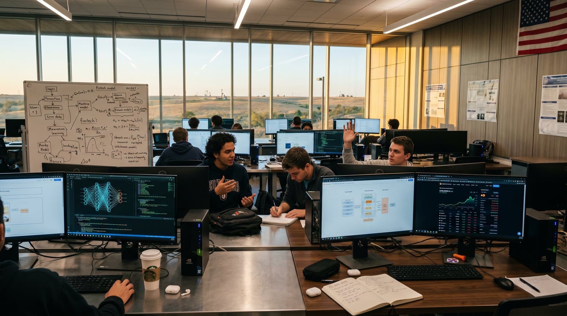 University of Tulsa AI lab with neural networks, crypto charts, NVIDIA GPUs, and heartland prairie view through windows