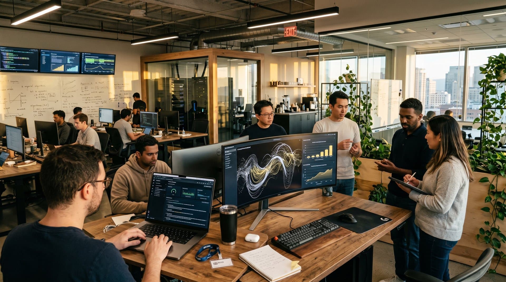 AI startup team collaborates on agent dashboards and code in a modern San Francisco office with GPU servers and innovation vibes.