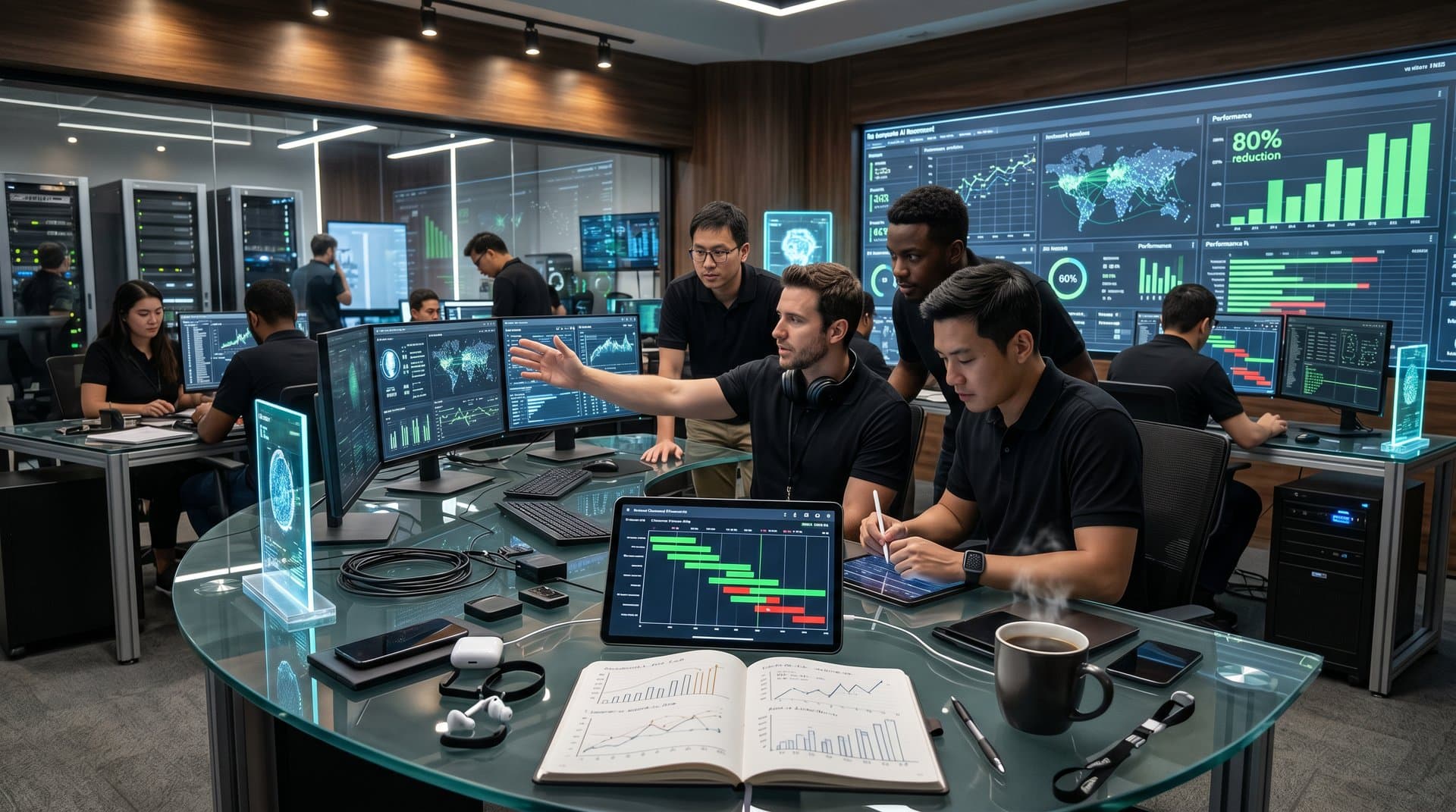 Futuristic holographic AI dashboards in enterprise control center displaying rapid Sierra AI deployments for Fortune 50 clients like Nordstrom, Singtel, Cigna