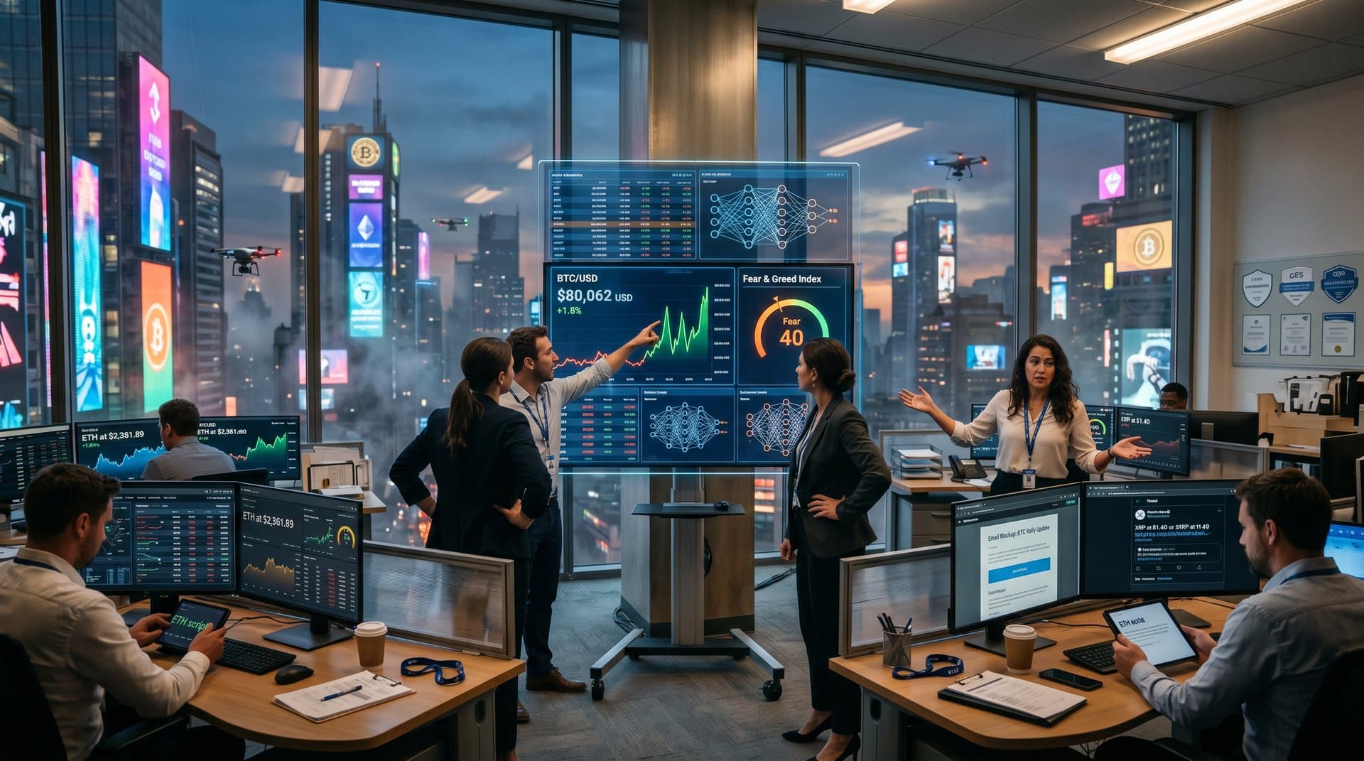 High-tech dashboard showing BTC at $80K, Fear & Greed at 40, AI alignment tools generating fintech marketing content