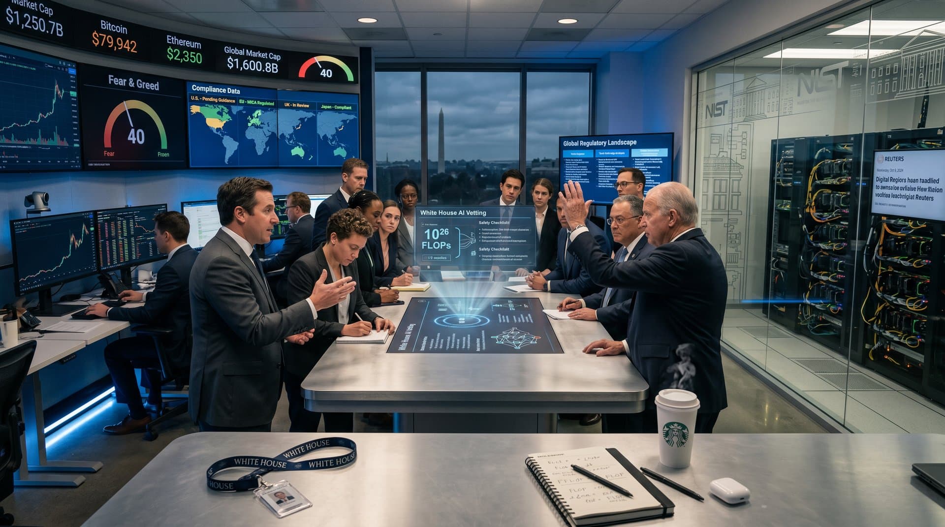 White House AI policy meeting with crypto charts, GPU servers, and regulatory maps