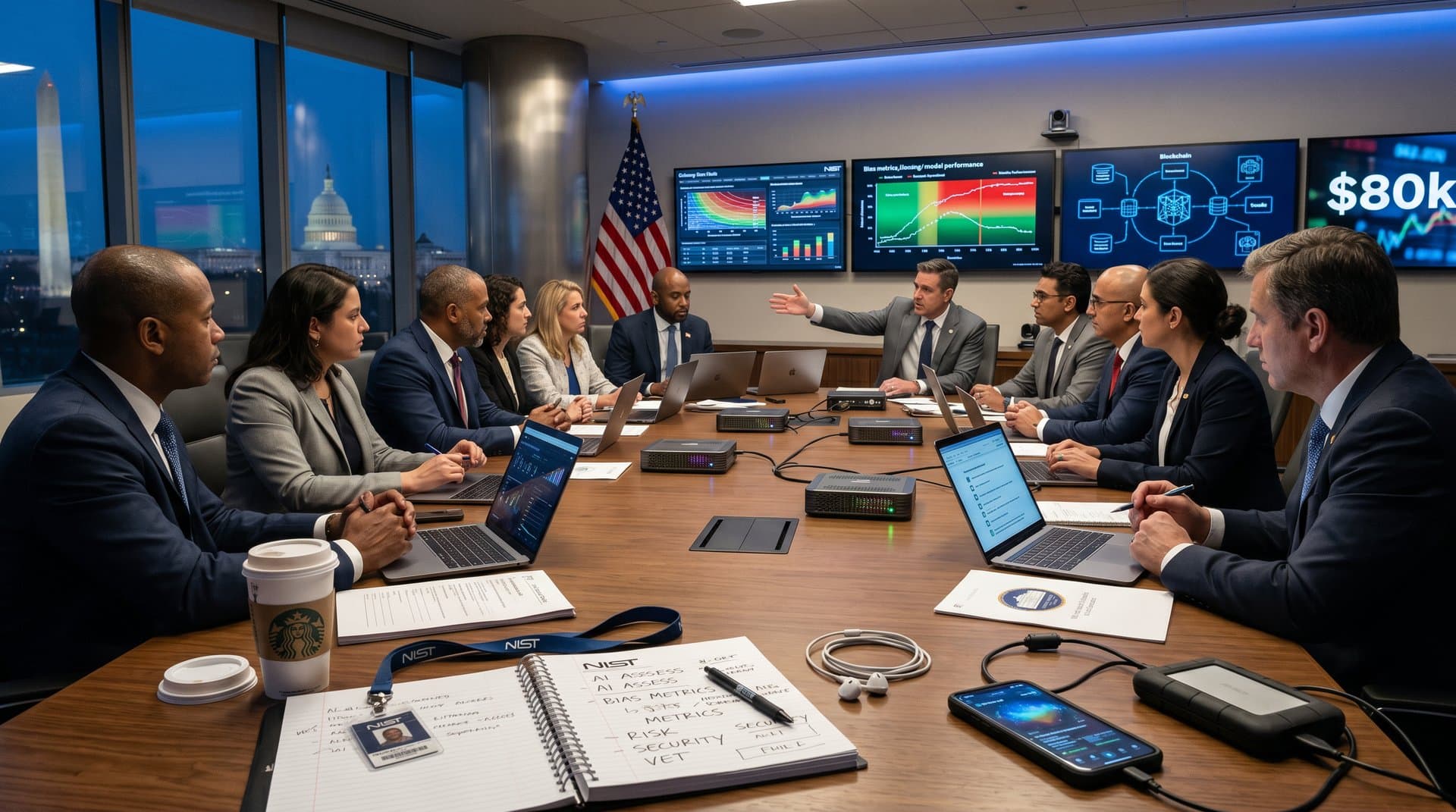 Conference room with AI vetting screens, enterprise gadgets on table, US flag in official setting
