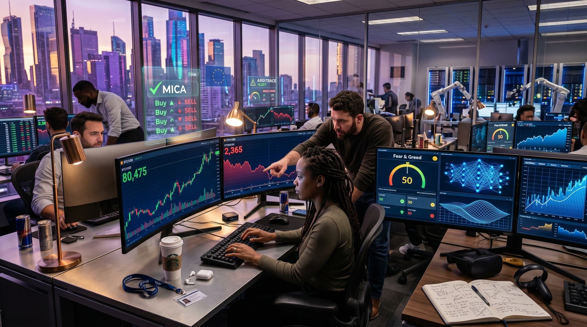 Trading screens showing BTC $80k charts, AI crypto bot interfaces, volatility data, and Fear & Greed Index in modern office