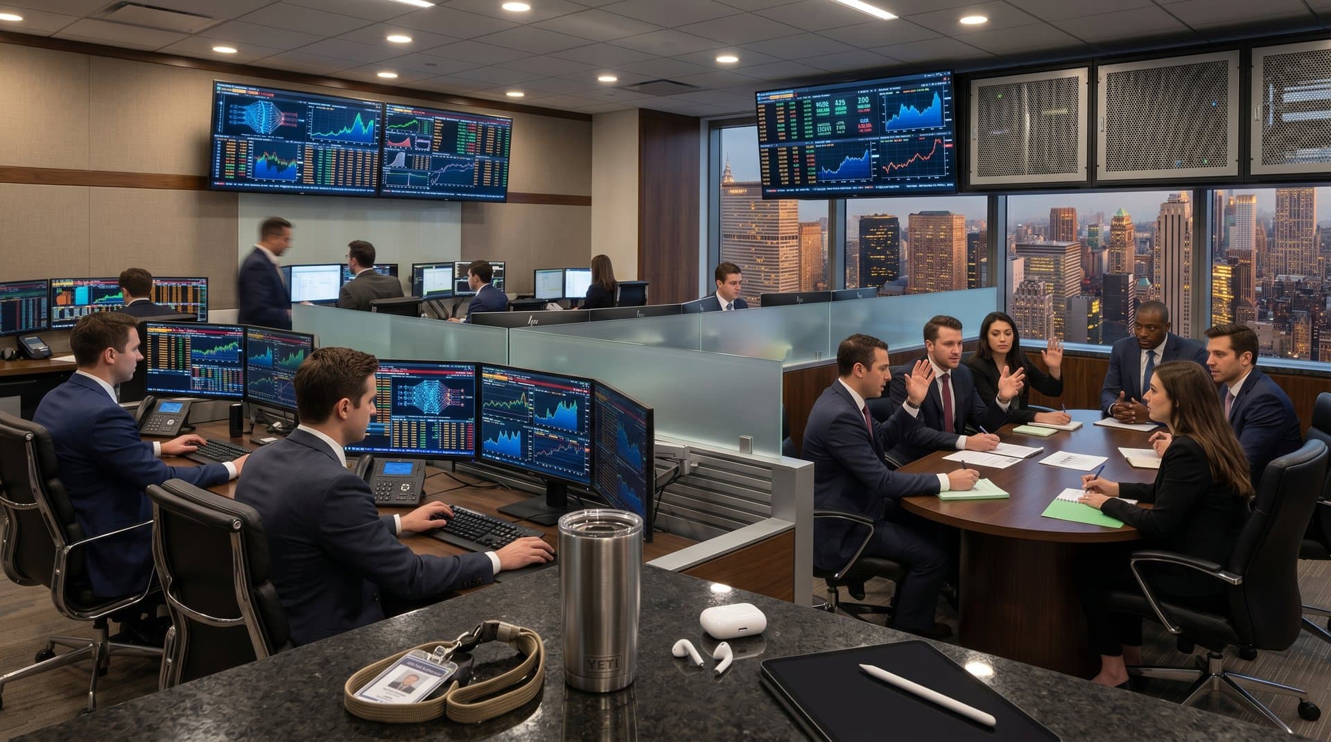 AI trading floor with Bloomberg terminals showing frontier model charts, GPU graphs, and crypto data amid modern office setup