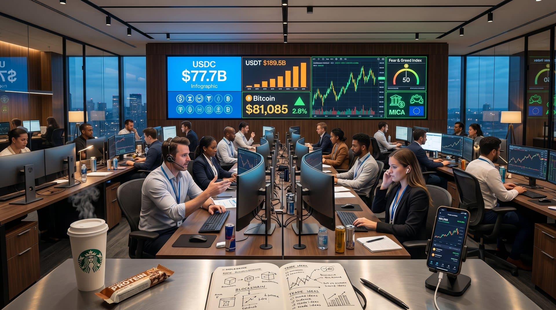 Trading floor with monitors showing Circle stock surge, USDC $77.7B charts, and crypto market data