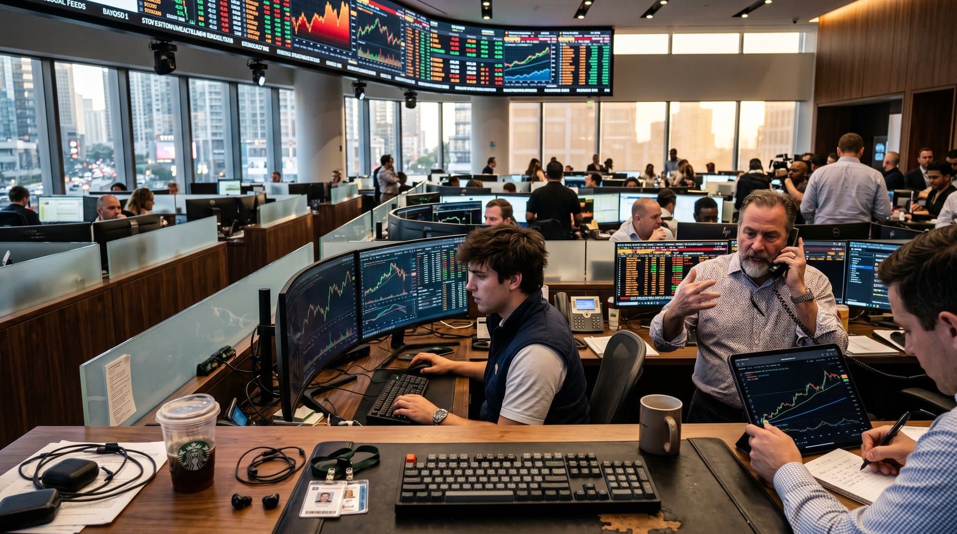 Trading screens show Hyperliquid crypto charts, BTC at $62K, stock tickers, and Fear & Greed Index amid market data displays